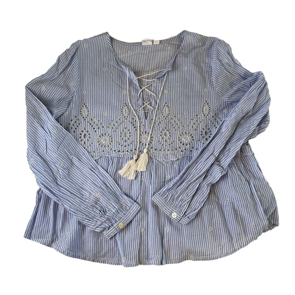 Gap Women's Striped Eyelet Blouse Long Sleeve Tassels Size Medium